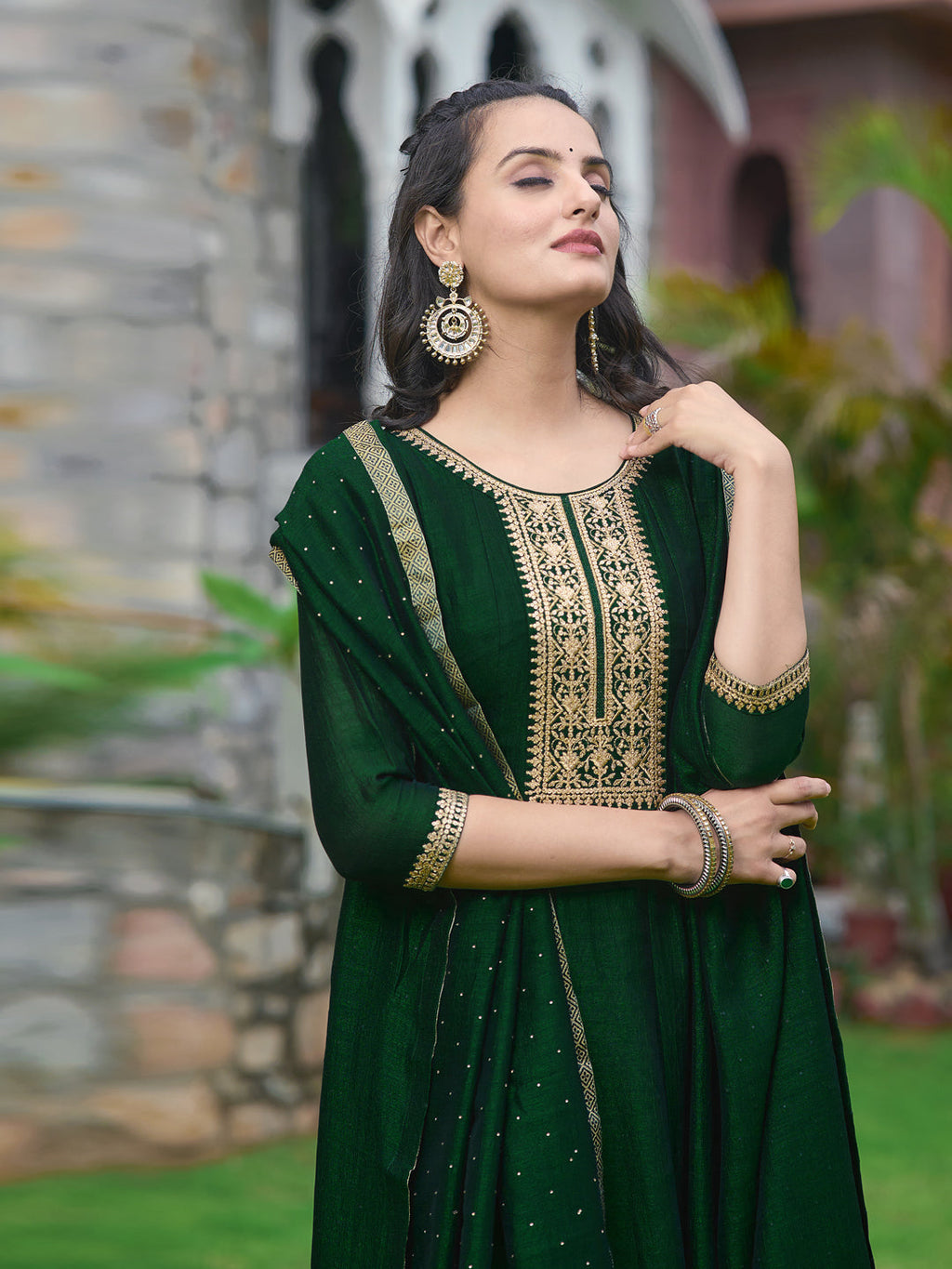 Anarkali Embroidered Kurta With Pant & Dupatta, Bottle-Green - Hiral Fashion | Grocsy