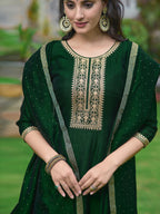 Anarkali Embroidered Kurta With Pant & Dupatta, Bottle-Green - Hiral Fashion | Grocsy