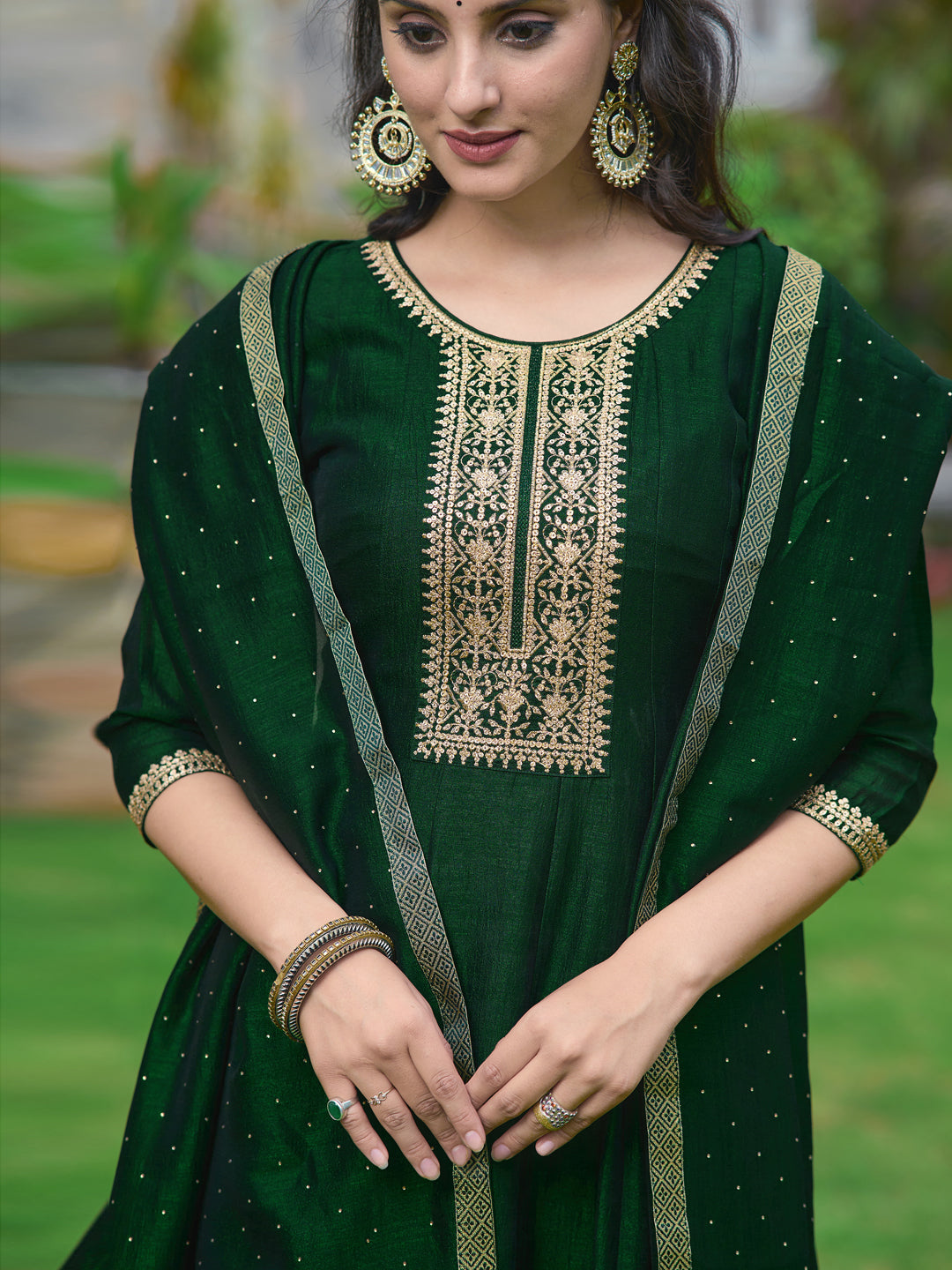 Anarkali Embroidered Kurta With Pant & Dupatta, Bottle-Green - Hiral Fashion | Grocsy
