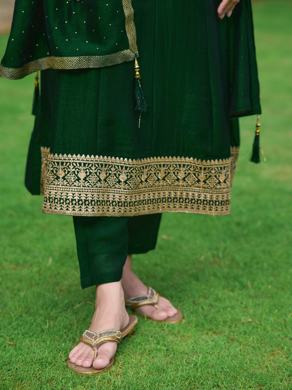 Anarkali Embroidered Kurta With Pant & Dupatta, Bottle-Green - Hiral Fashion | Grocsy