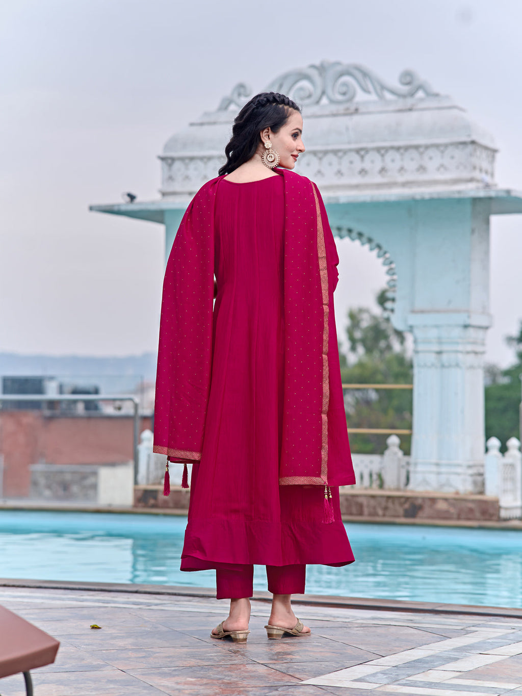 Anarkali Embroidered Kurta With Pant & Dupatta, Pink - Hiral Fashion | Grocsy