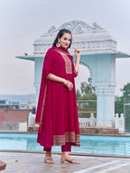 Anarkali Embroidered Kurta With Pant & Dupatta, Pink - Hiral Fashion | Grocsy