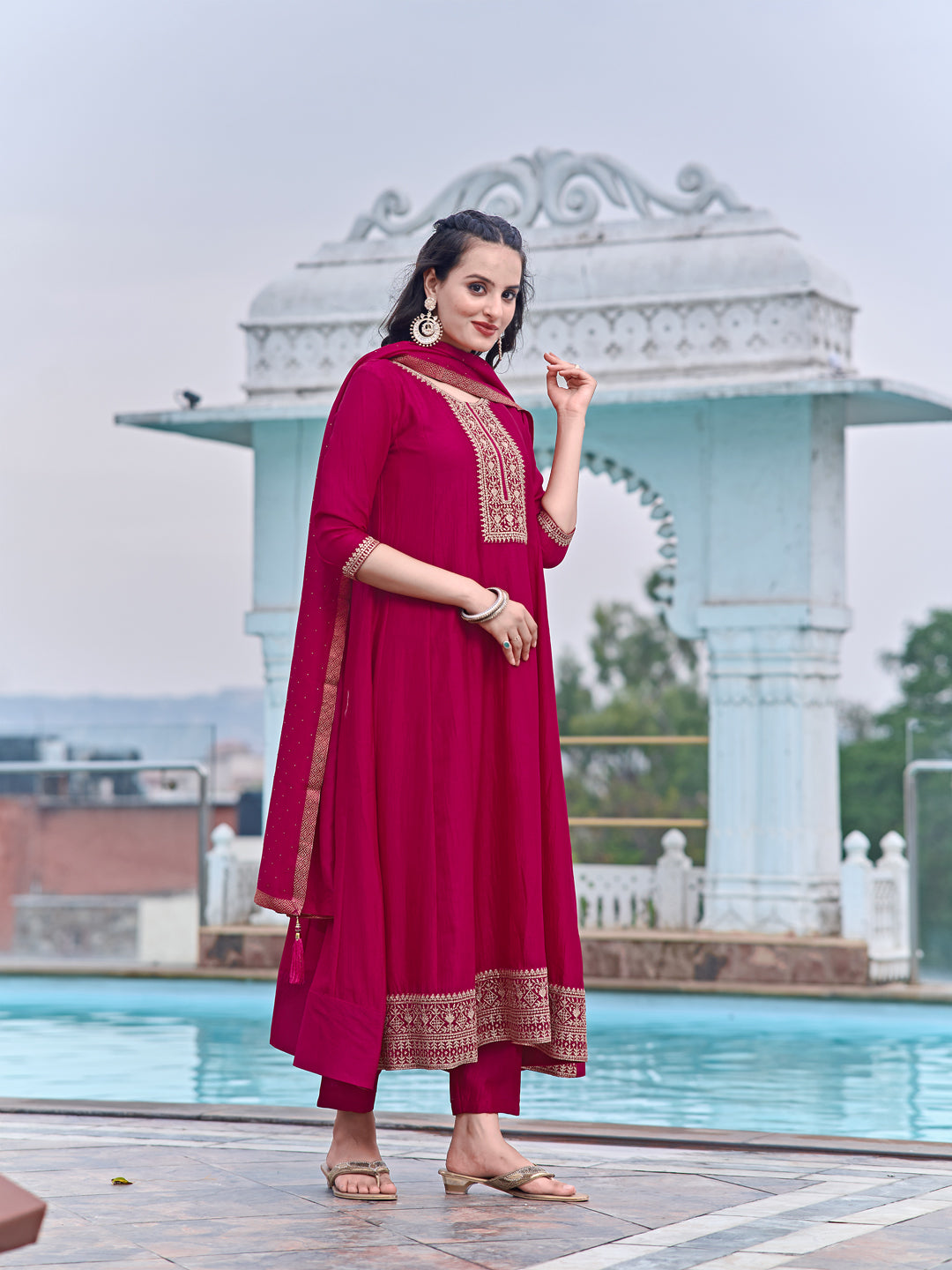 Anarkali Embroidered Kurta With Pant & Dupatta, Pink - Hiral Fashion | Grocsy