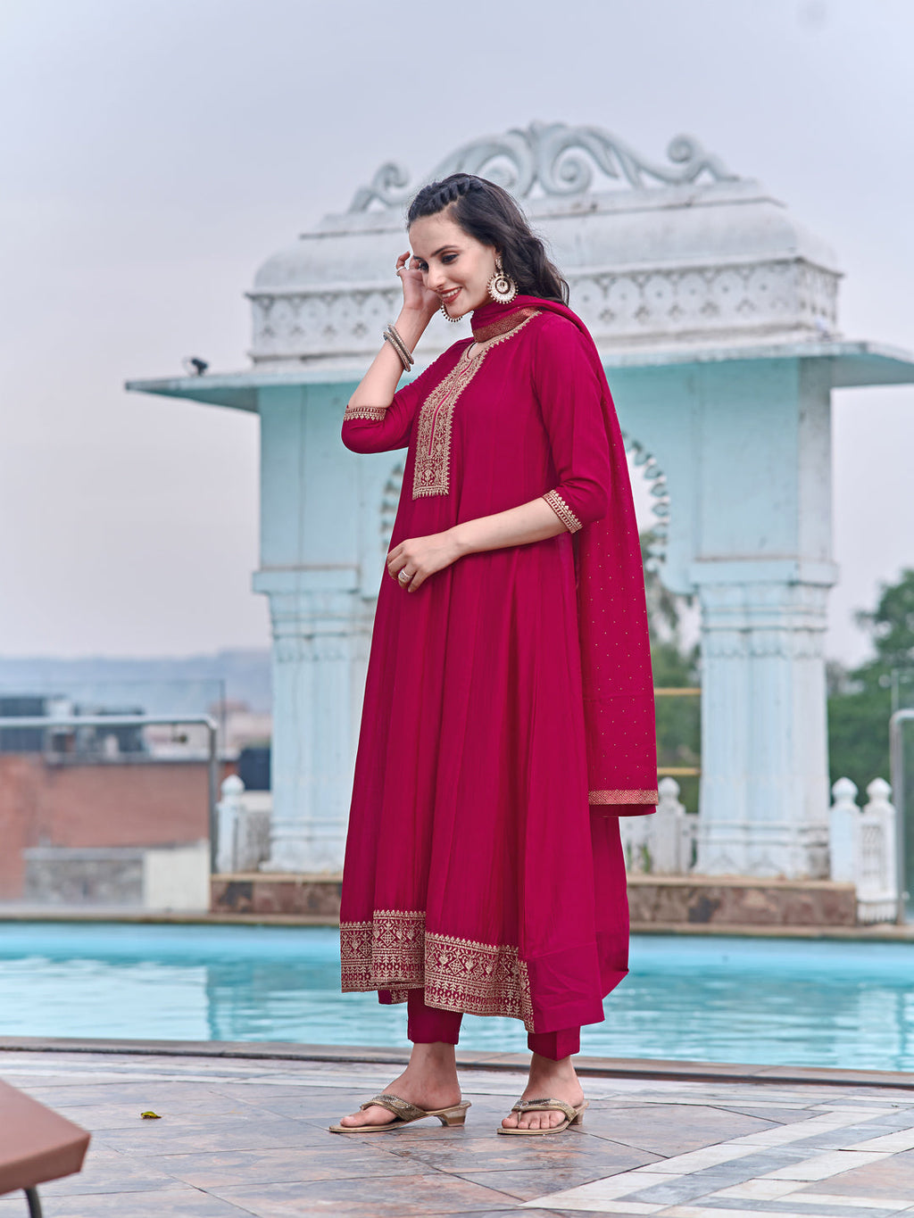 Anarkali Embroidered Kurta With Pant & Dupatta, Pink - Hiral Fashion | Grocsy