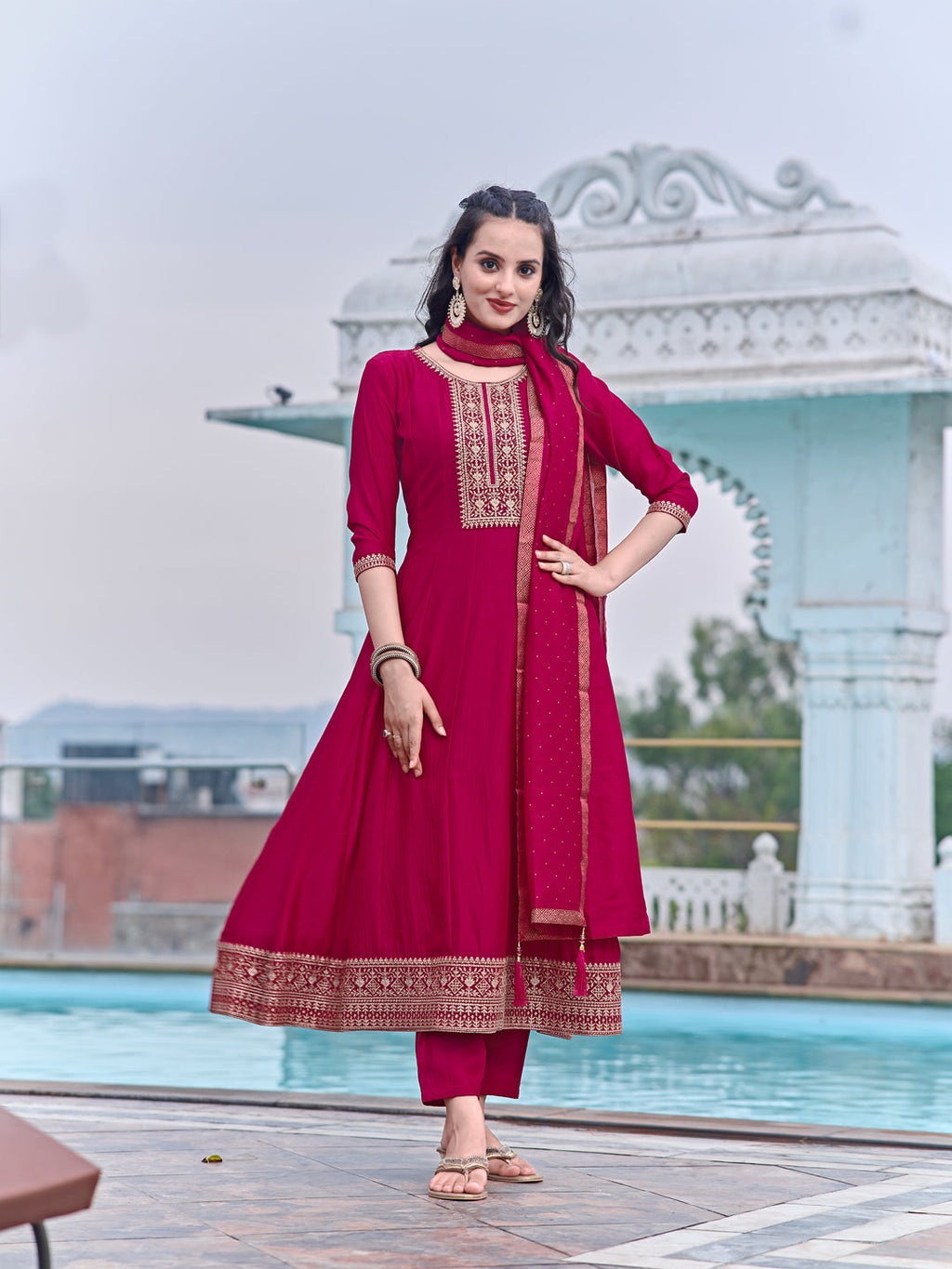 Anarkali Embroidered Kurta With Pant & Dupatta, Pink - Hiral Fashion | Grocsy