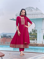 Anarkali Embroidered Kurta With Pant & Dupatta, Pink - Hiral Fashion | Grocsy