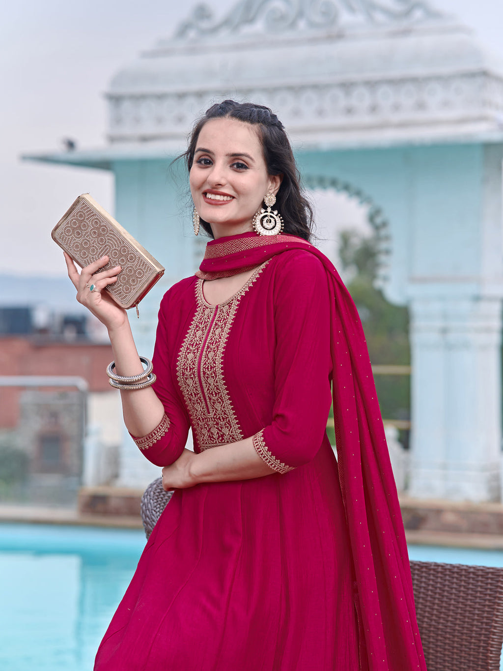 Anarkali Embroidered Kurta With Pant & Dupatta, Pink - Hiral Fashion | Grocsy