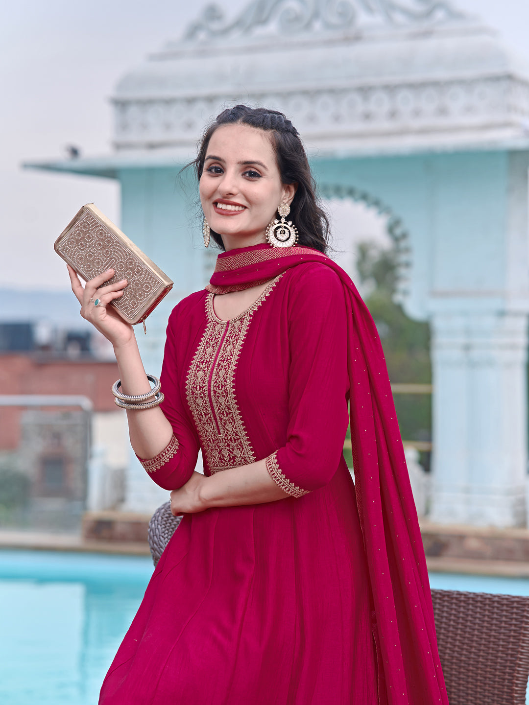Anarkali Embroidered Kurta With Pant & Dupatta, Pink - Hiral Fashion | Grocsy