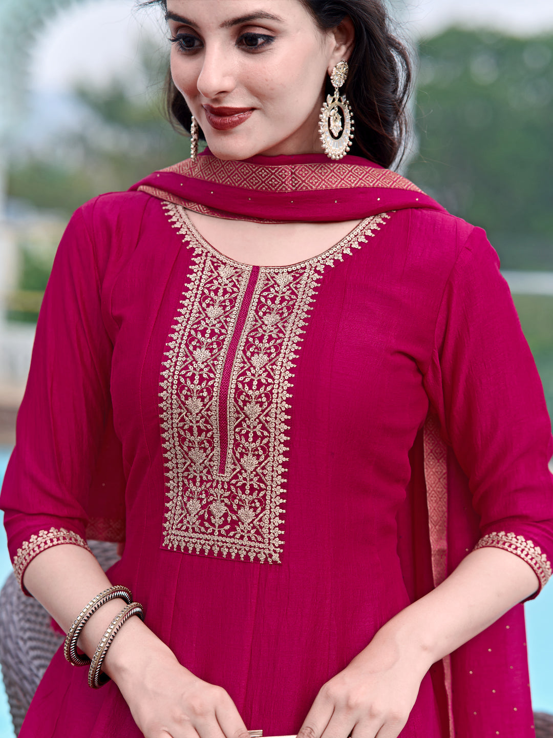 Anarkali Embroidered Kurta With Pant & Dupatta, Pink - Hiral Fashion | Grocsy