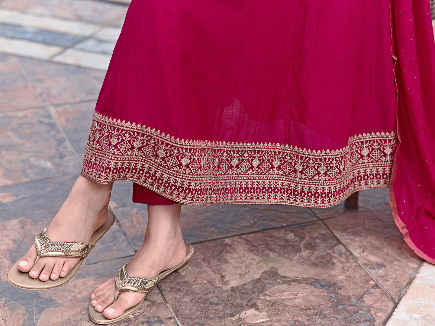Anarkali Embroidered Kurta With Pant & Dupatta, Pink - Hiral Fashion | Grocsy