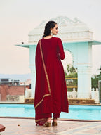 Anarkali Embroidered Kurta With Pant & Dupatta, Maroon - Hiral Fashion | Grocsy