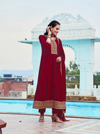 Anarkali Embroidered Kurta With Pant & Dupatta, Maroon - Hiral Fashion | Grocsy