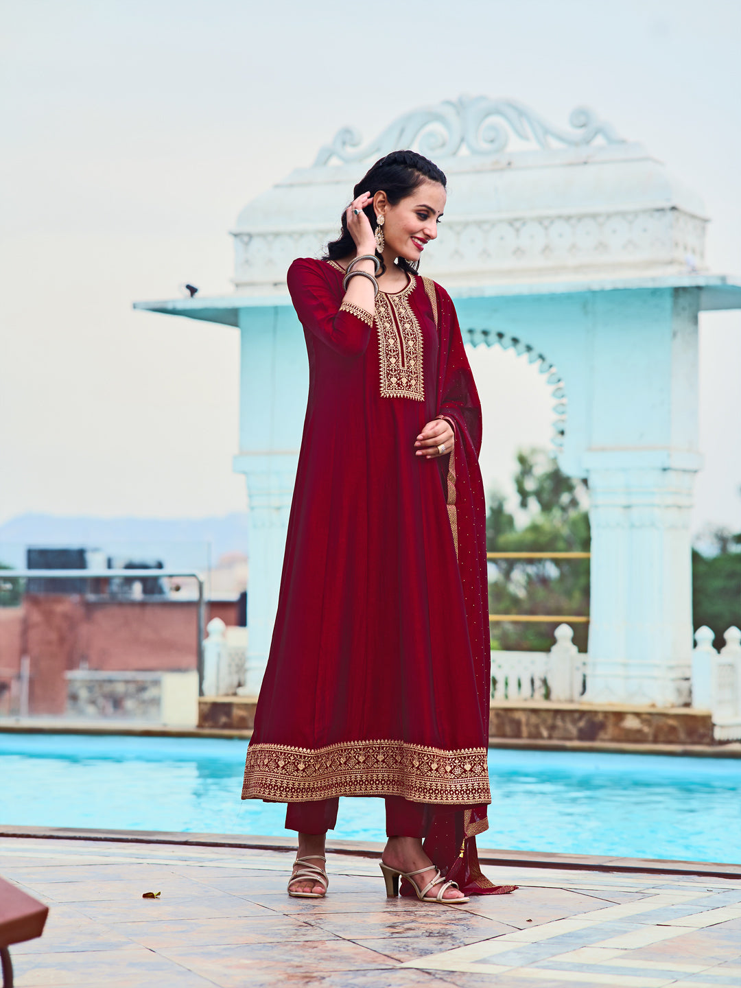 Anarkali Embroidered Kurta With Pant & Dupatta, Maroon - Hiral Fashion | Grocsy