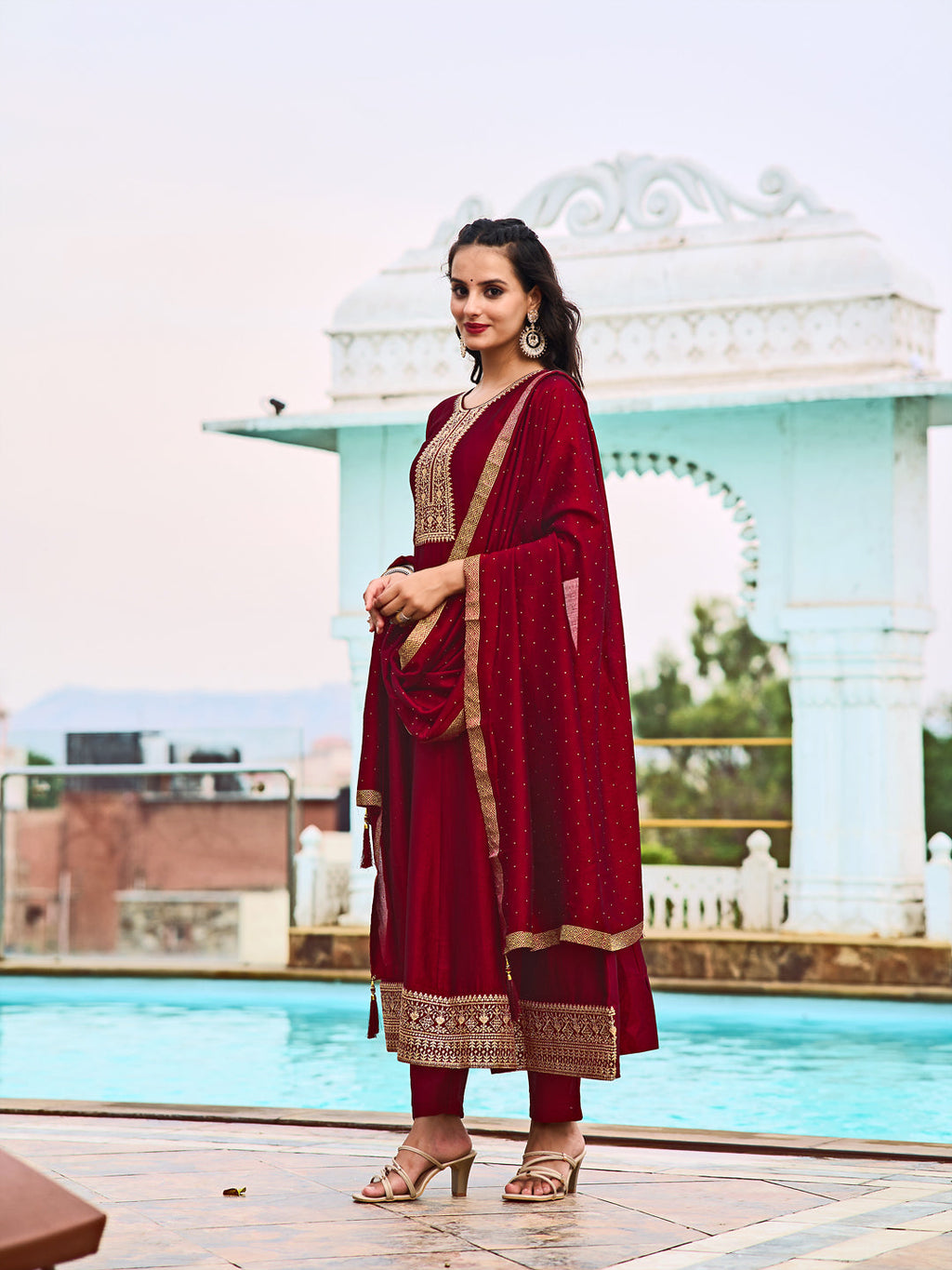 Anarkali Embroidered Kurta With Pant & Dupatta, Maroon - Hiral Fashion | Grocsy