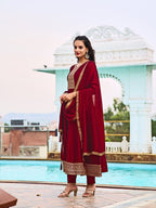 Anarkali Embroidered Kurta With Pant & Dupatta, Maroon - Hiral Fashion | Grocsy