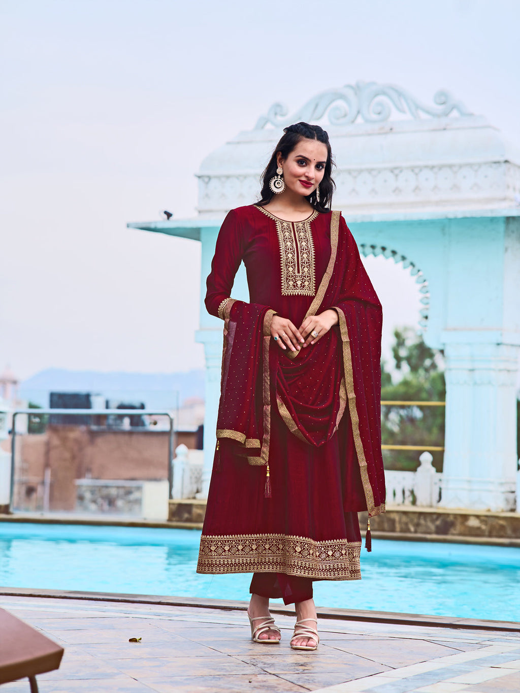 Anarkali Embroidered Kurta With Pant & Dupatta, Maroon - Hiral Fashion | Grocsy