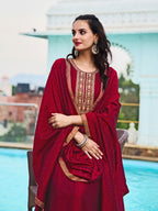 Anarkali Embroidered Kurta With Pant & Dupatta, Maroon - Hiral Fashion | Grocsy
