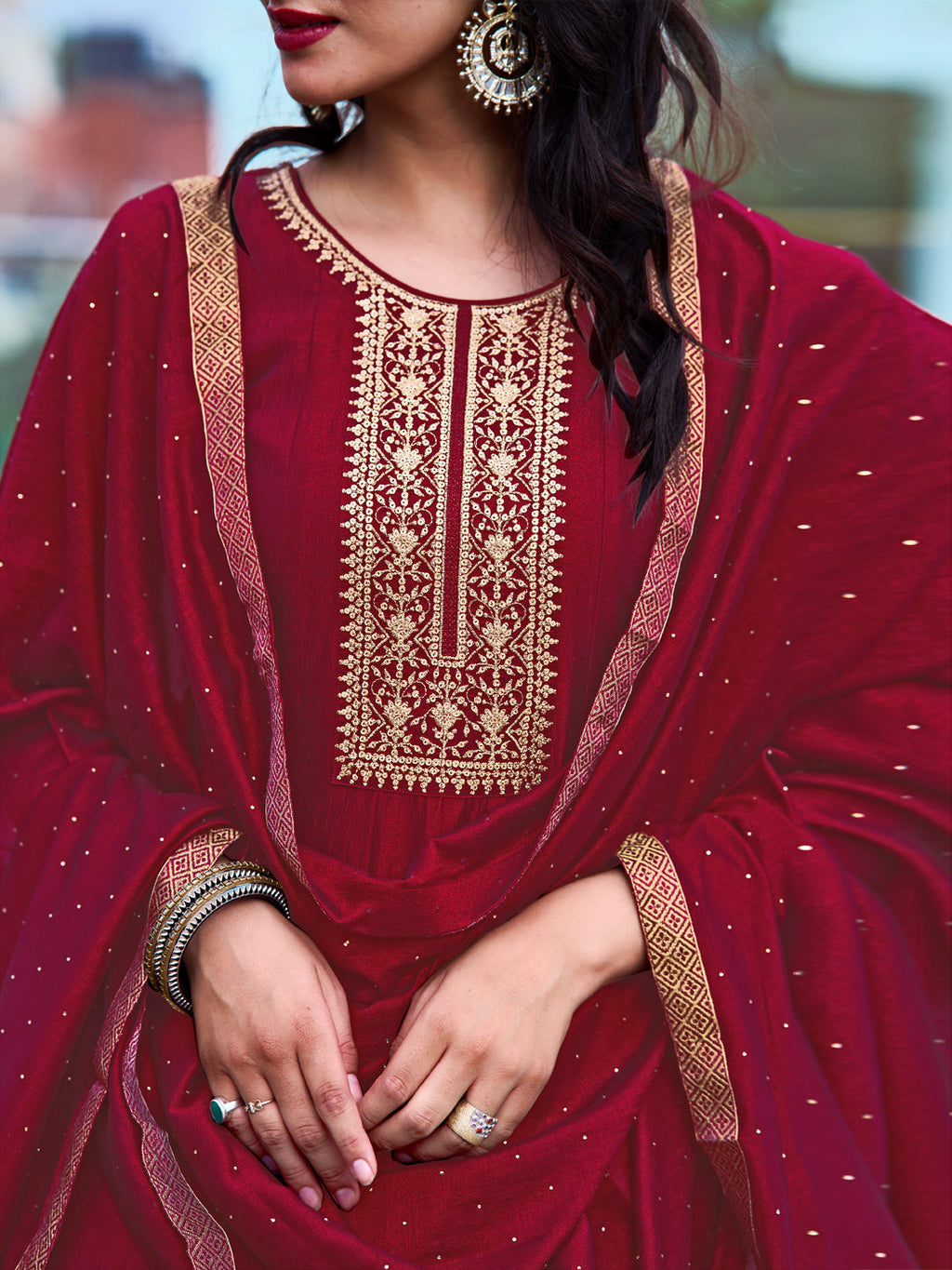 Anarkali Embroidered Kurta With Pant & Dupatta, Maroon - Hiral Fashion | Grocsy