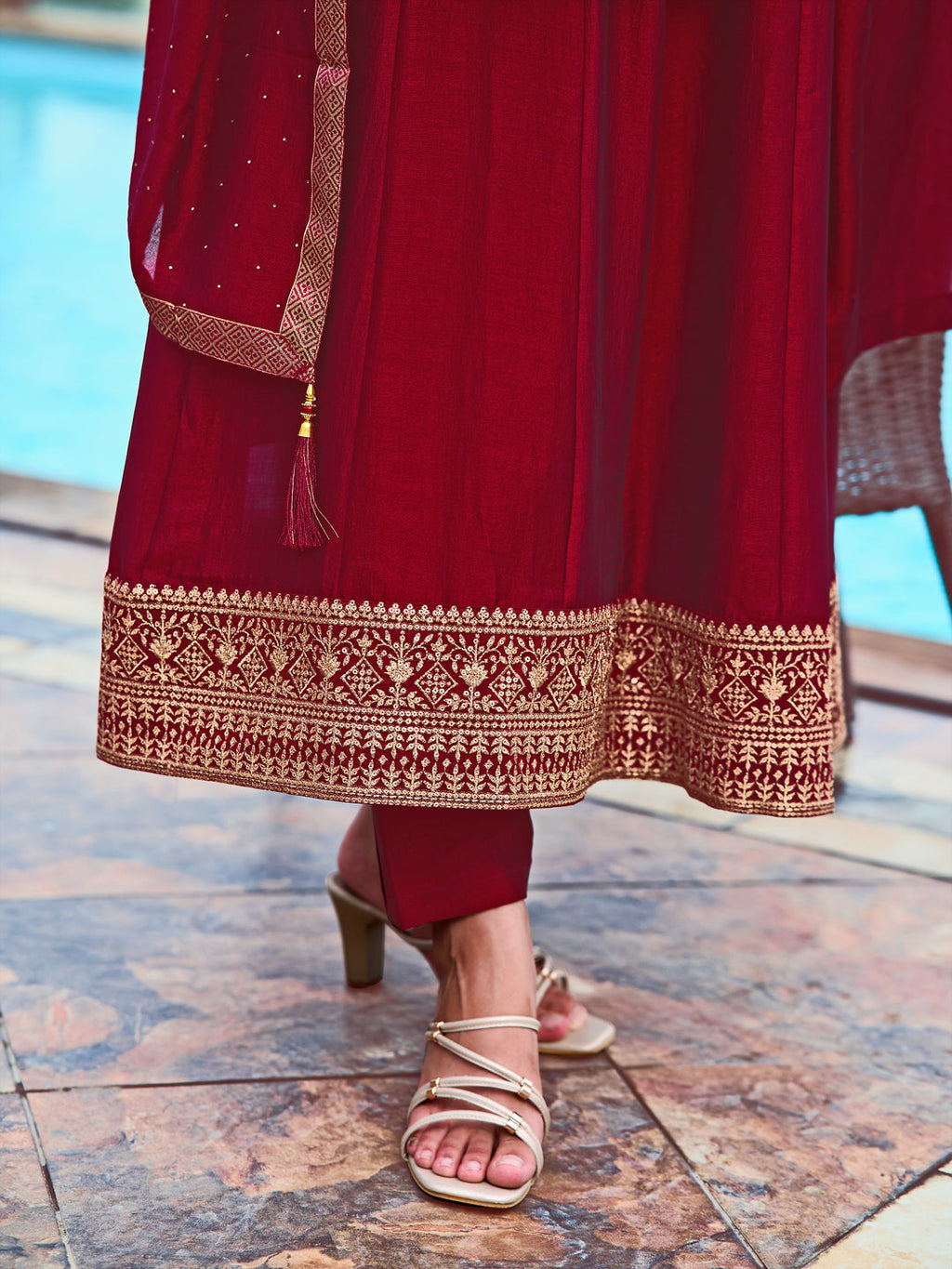 Anarkali Embroidered Kurta With Pant & Dupatta, Maroon - Hiral Fashion | Grocsy