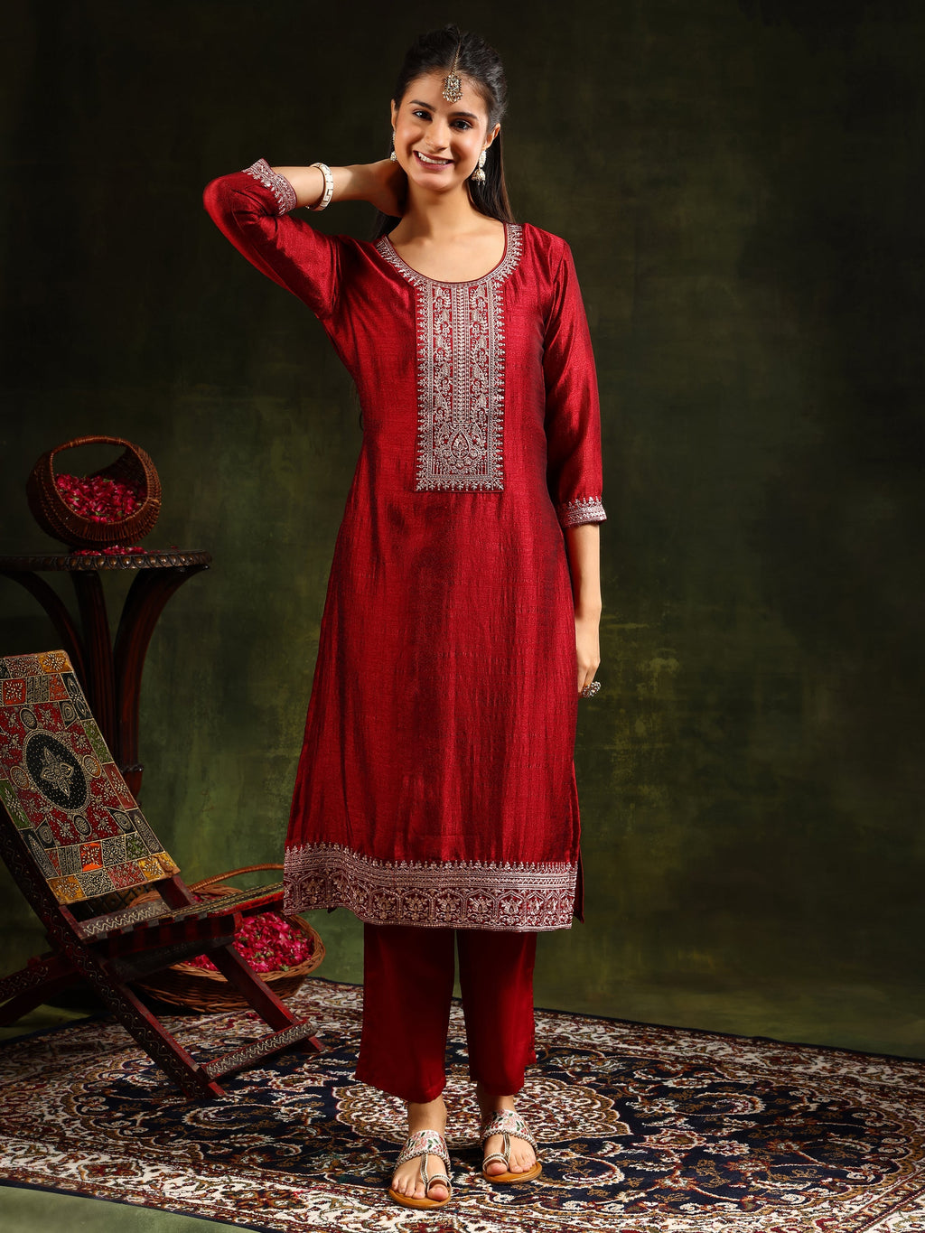Sequined Embroidered Kurta With Pant & Embroidered Dupatta, Maroon - Hiral Fashion | Grocsy