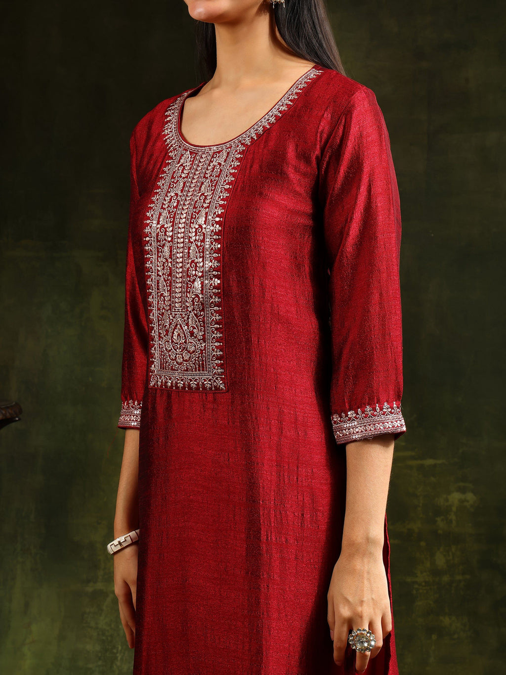 Sequined Embroidered Kurta With Pant & Embroidered Dupatta, Maroon - Hiral Fashion | Grocsy