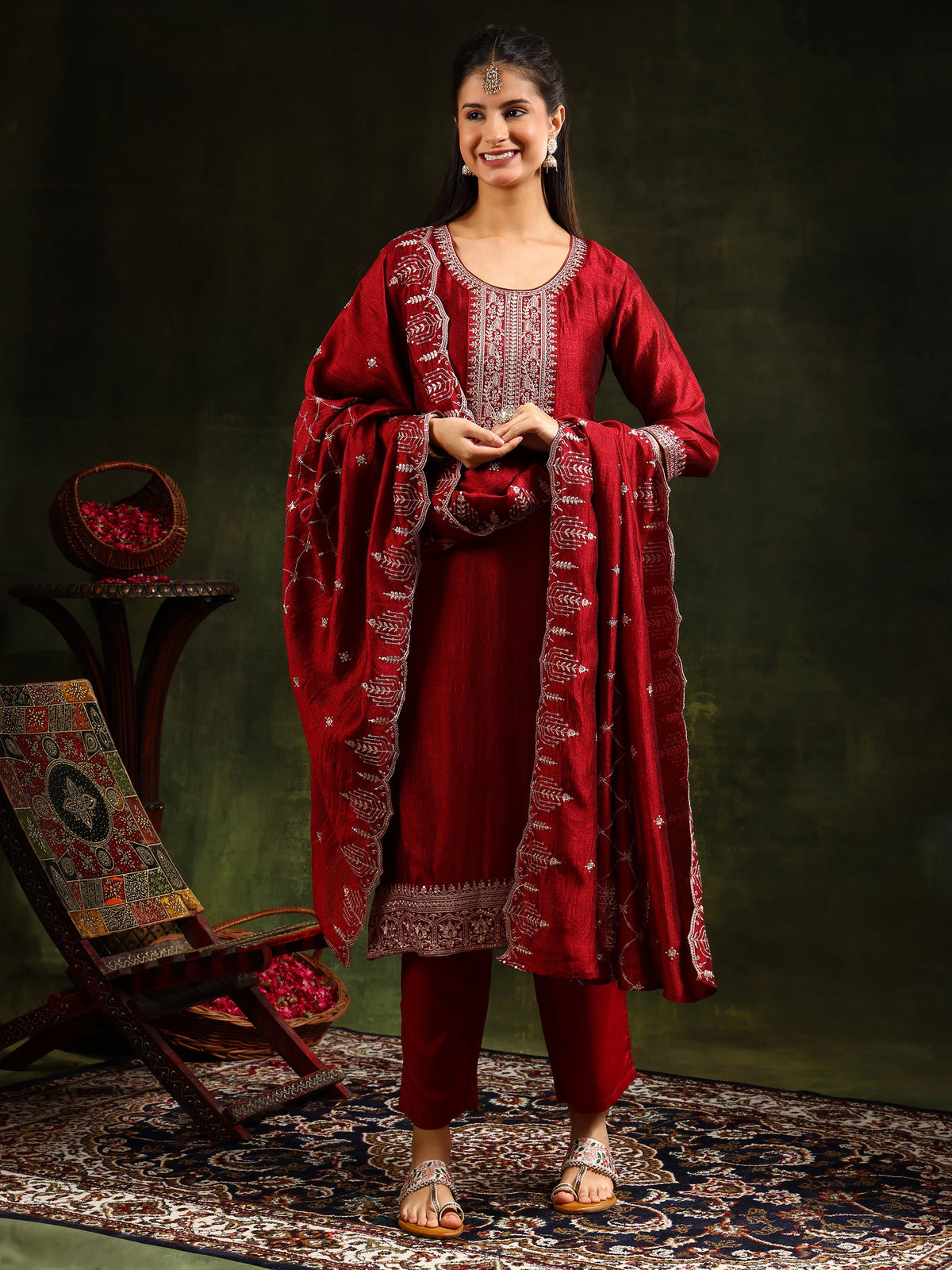 Sequined Embroidered Kurta With Pant & Embroidered Dupatta, Maroon - Hiral Fashion | Grocsy