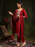 Sequined Embroidered Kurta With Pant & Embroidered Dupatta, Maroon - Hiral Fashion | Grocsy