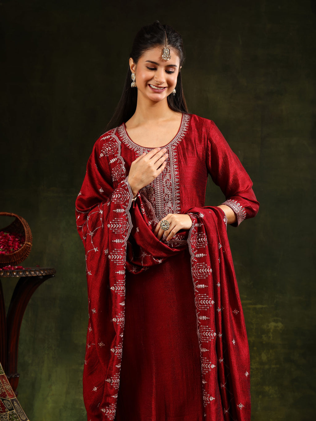 Sequined Embroidered Kurta With Pant & Embroidered Dupatta, Maroon - Hiral Fashion | Grocsy