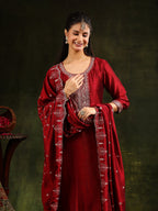 Sequined Embroidered Kurta With Pant & Embroidered Dupatta, Maroon - Hiral Fashion | Grocsy