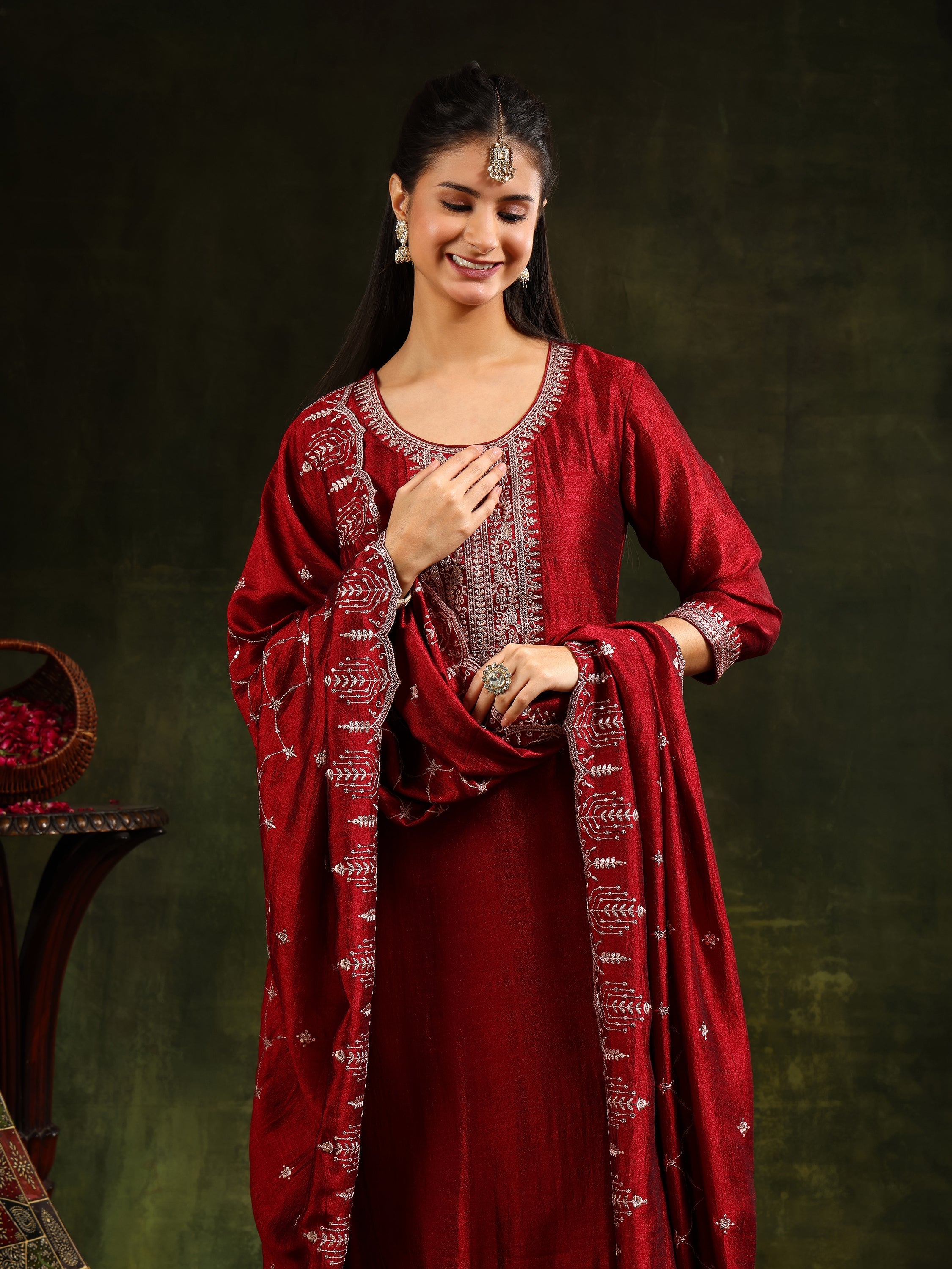 Sequined Embroidered Kurta With Pant & Embroidered Dupatta, Maroon - Hiral Fashion | Grocsy