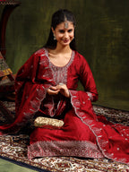 Sequined Embroidered Kurta With Pant & Embroidered Dupatta, Maroon - Hiral Fashion | Grocsy