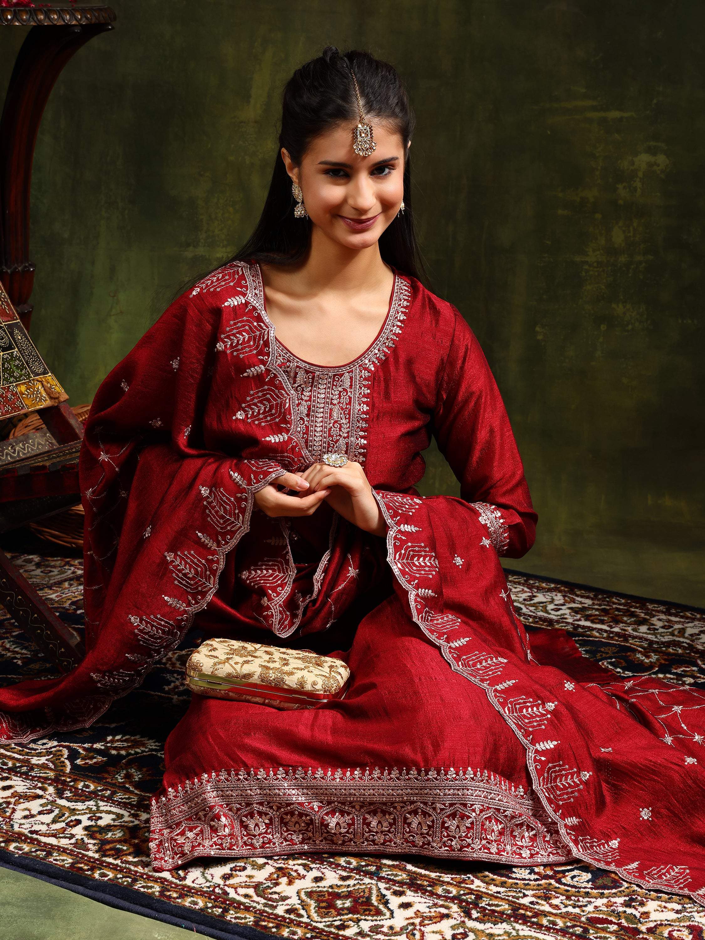 Sequined Embroidered Kurta With Pant & Embroidered Dupatta, Maroon - Hiral Fashion | Grocsy