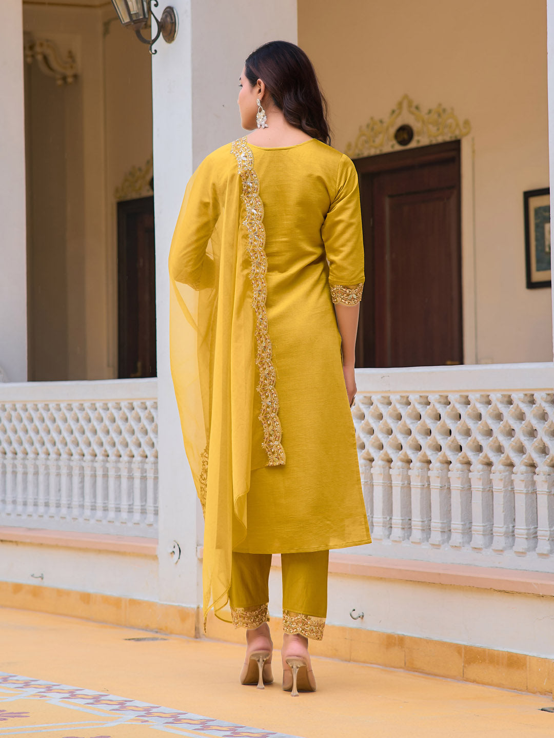 Embroidered Kurta With Pant & Embroidered Dupatta, Mustard - Hiral Fashion | Grocsy