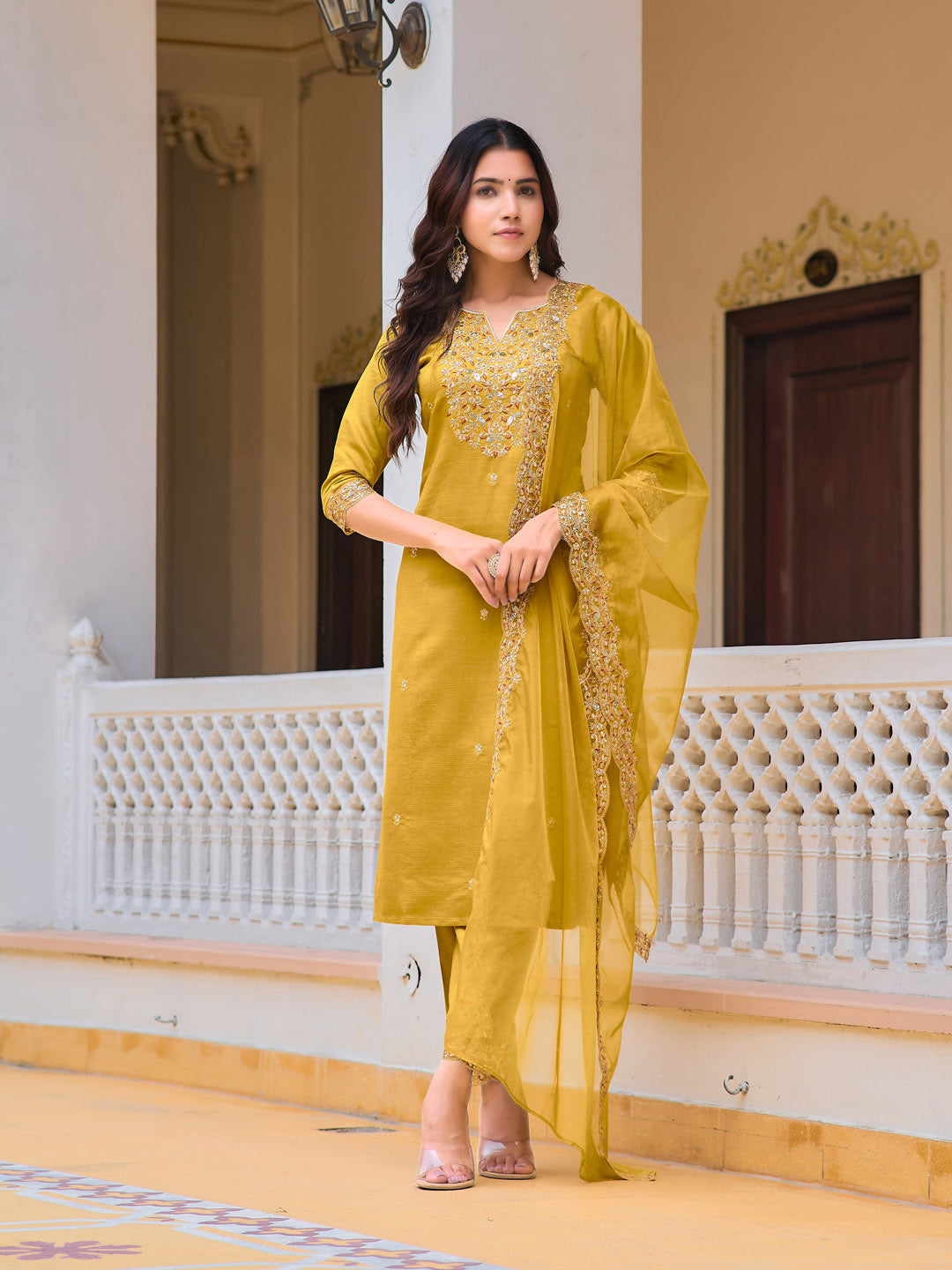 Embroidered Kurta With Pant & Embroidered Dupatta, Mustard - Hiral Fashion | Grocsy