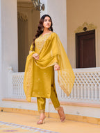 Embroidered Kurta With Pant & Embroidered Dupatta, Mustard - Hiral Fashion | Grocsy