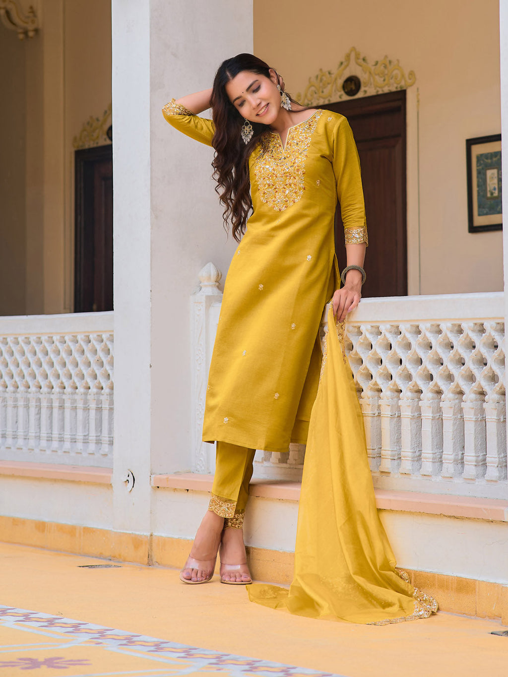 Embroidered Kurta With Pant & Embroidered Dupatta, Mustard - Hiral Fashion | Grocsy