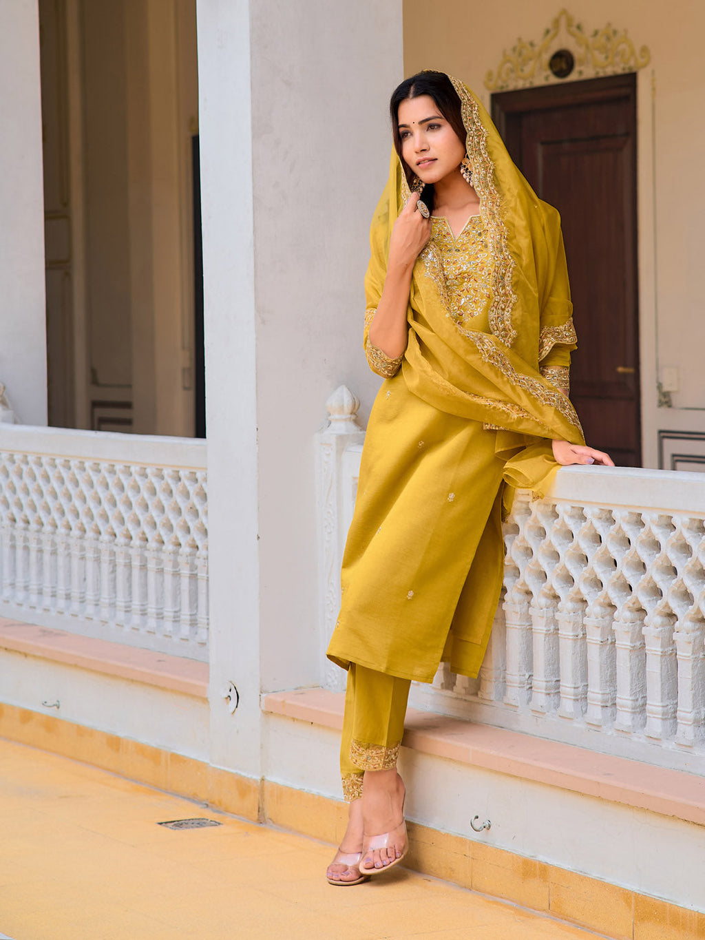 Embroidered Kurta With Pant & Embroidered Dupatta, Mustard - Hiral Fashion | Grocsy