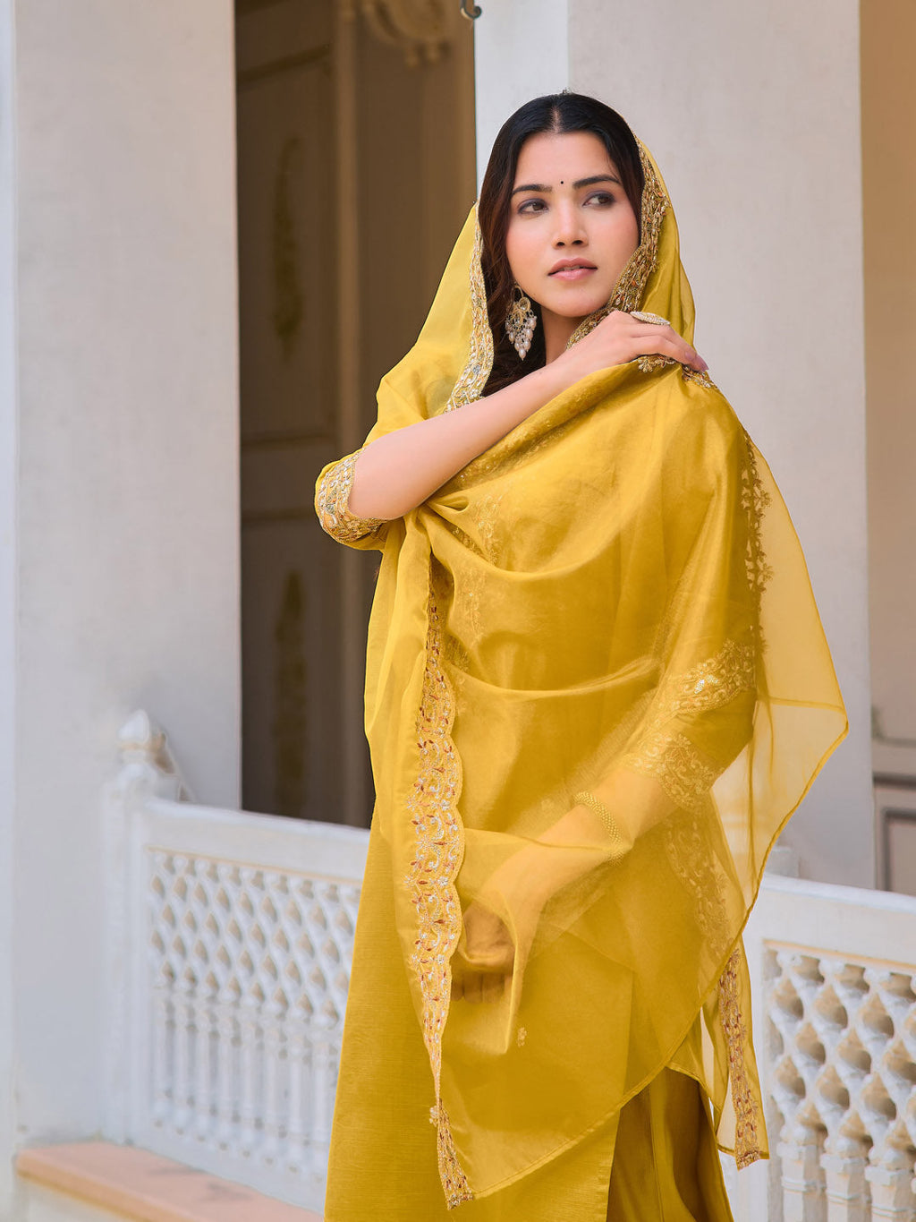 Embroidered Kurta With Pant & Embroidered Dupatta, Mustard - Hiral Fashion | Grocsy