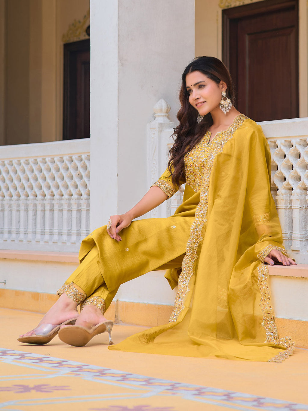 Embroidered Kurta With Pant & Embroidered Dupatta, Mustard - Hiral Fashion | Grocsy