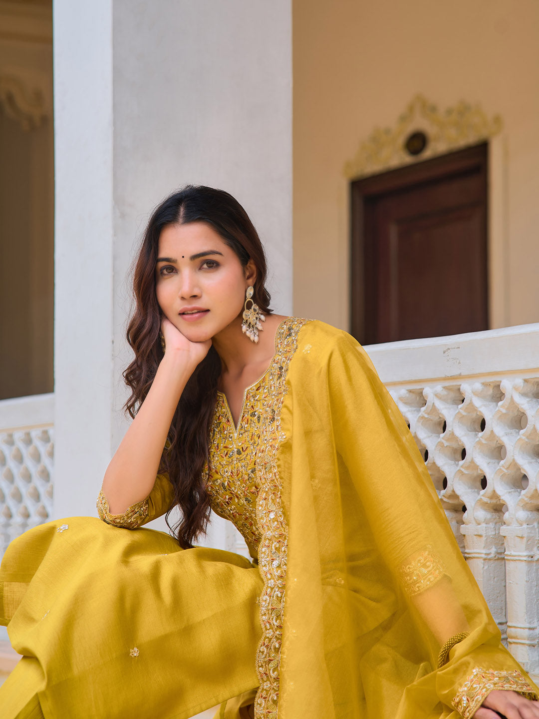 Embroidered Kurta With Pant & Embroidered Dupatta, Mustard - Hiral Fashion | Grocsy
