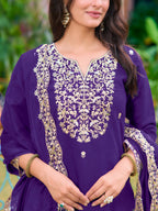 Embroidered Kurta With Pant & Embroidered Dupatta, Purple - Hiral Fashion | Grocsy