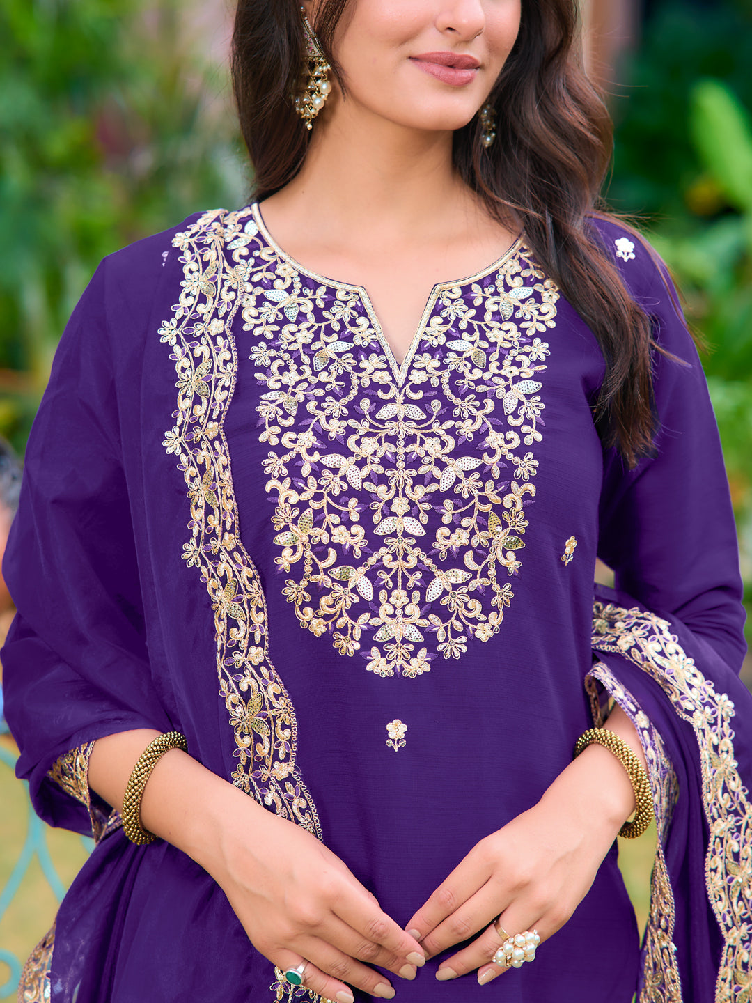 Embroidered Kurta With Pant & Embroidered Dupatta, Purple - Hiral Fashion | Grocsy