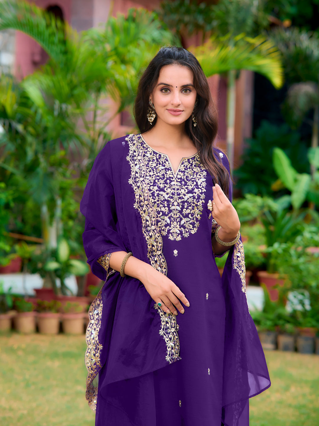 Embroidered Kurta With Pant & Embroidered Dupatta, Purple - Hiral Fashion | Grocsy