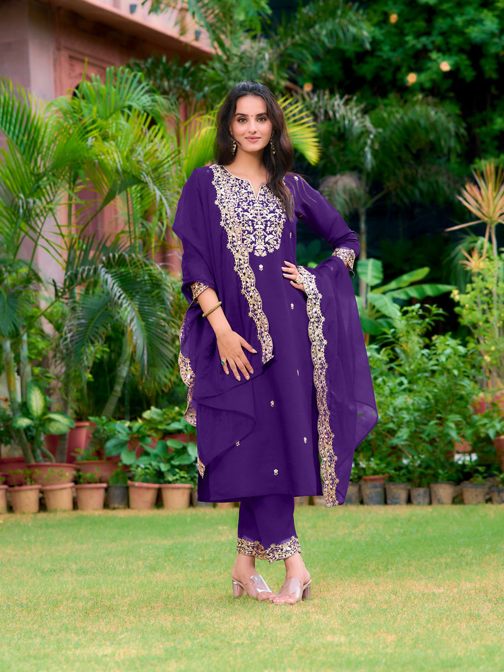 Embroidered Kurta With Pant & Embroidered Dupatta, Purple - Hiral Fashion | Grocsy