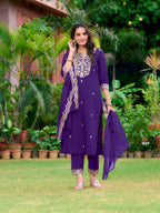 Embroidered Kurta With Pant & Embroidered Dupatta, Purple - Hiral Fashion | Grocsy