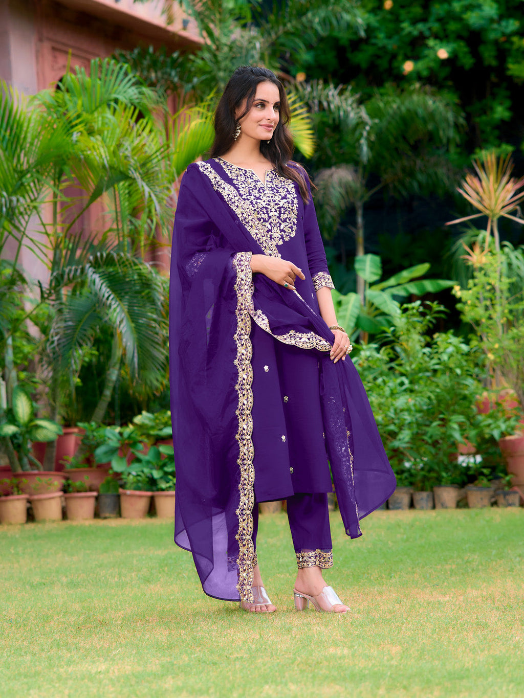 Embroidered Kurta With Pant & Embroidered Dupatta, Purple - Hiral Fashion | Grocsy