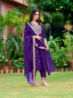 Embroidered Kurta With Pant & Embroidered Dupatta, Purple - Hiral Fashion | Grocsy