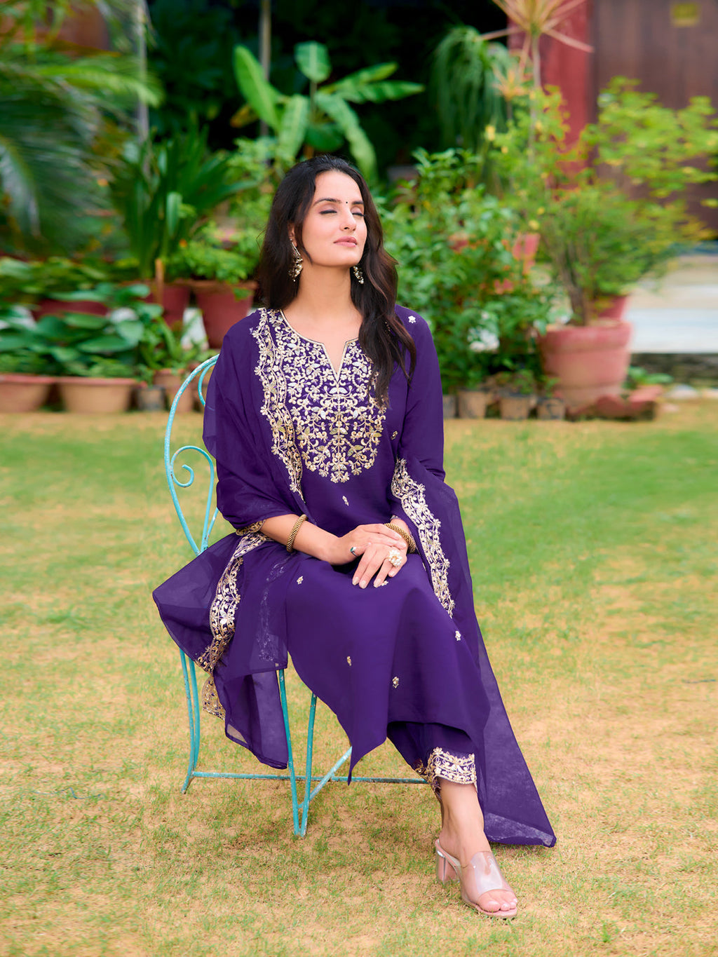 Embroidered Kurta With Pant & Embroidered Dupatta, Purple - Hiral Fashion | Grocsy