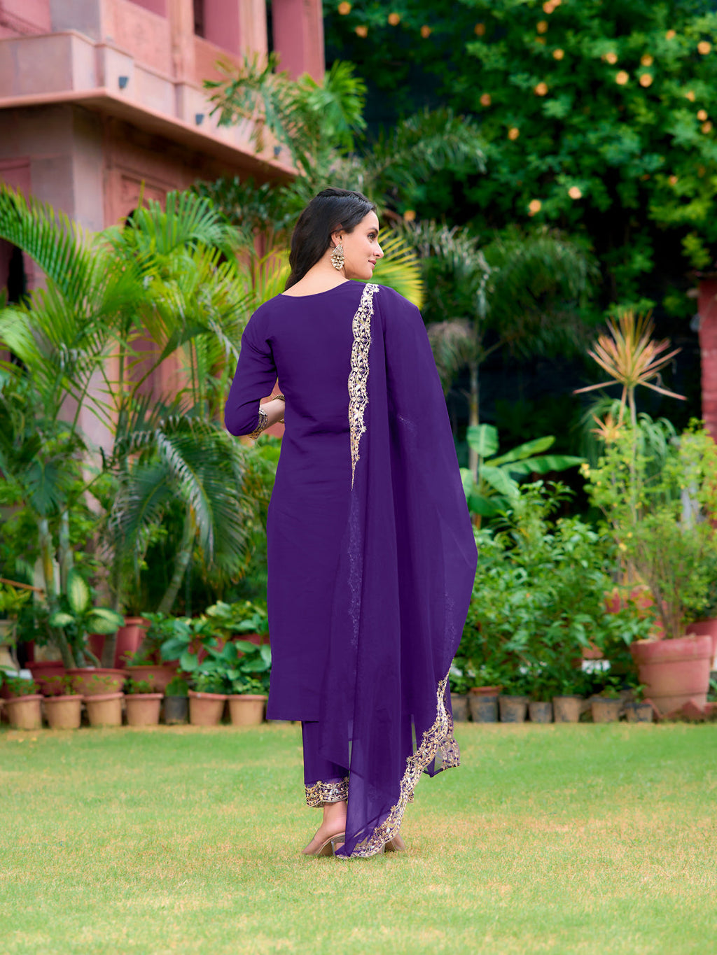 Embroidered Kurta With Pant & Embroidered Dupatta, Purple - Hiral Fashion | Grocsy
