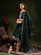 Sequined Embroidered Kurta With Pant & Embroidered Dupatta, Green - Hiral Fashion | Grocsy